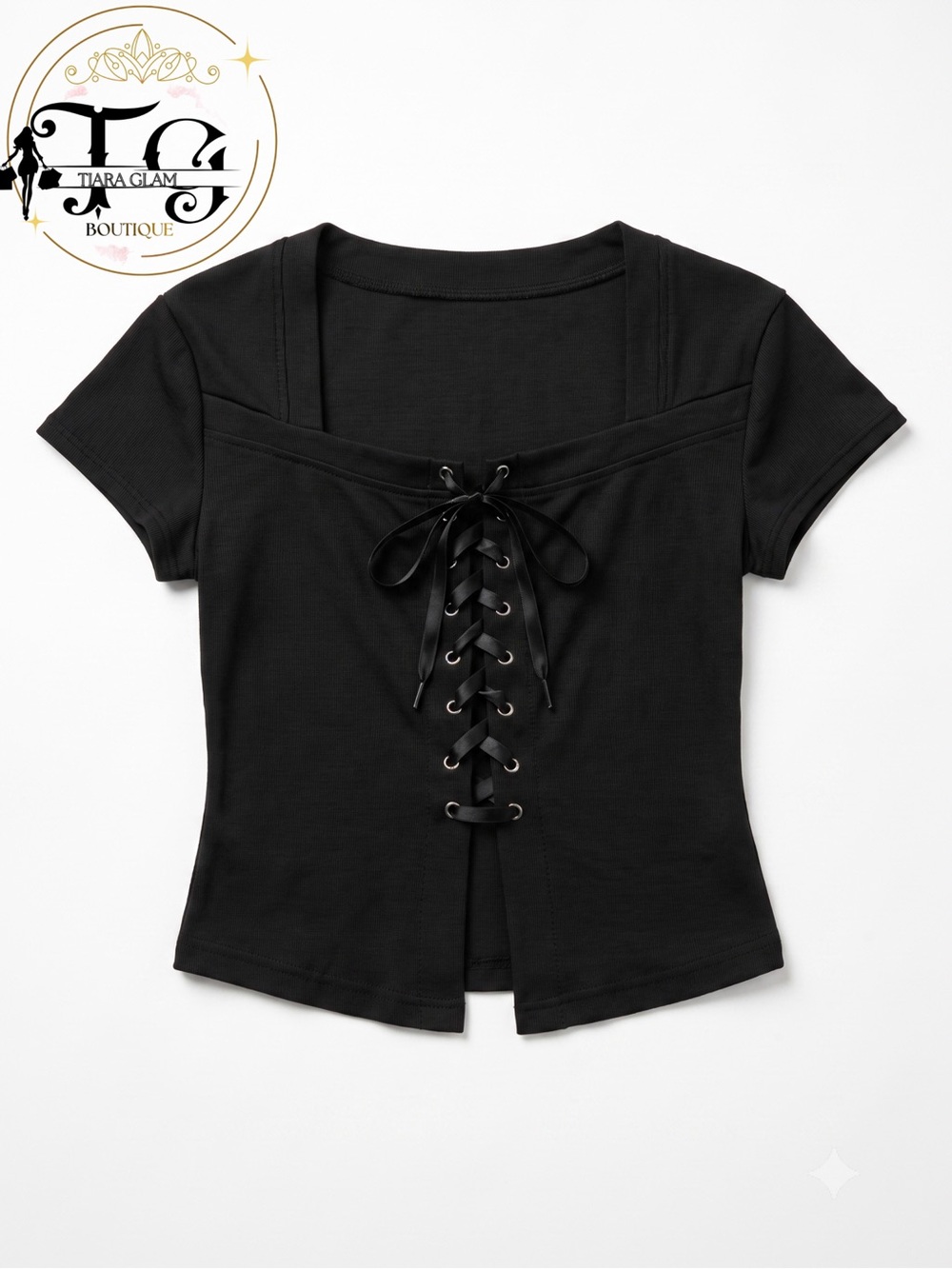 Black Lace-Up Short Sleeve Top - Picture 1 of 3